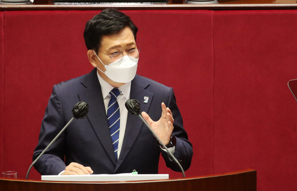 송영길 더불어민주당 대표가 지난 16일 서울 여의도 국회 본회의장에서 교섭단체 대표연설을 하고 있다.(사진=뉴스1)