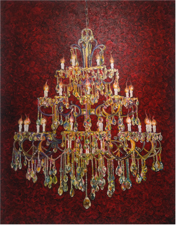Chandelier. RoseRed 180*140 china ink. gouche. acrylic. crystal beads on canvas 2021