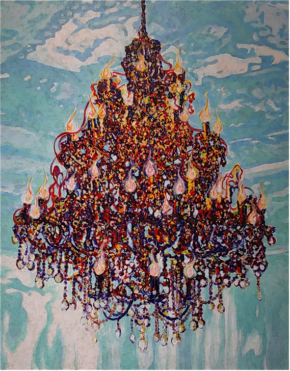 Chandelier. azure 115*90 china ink. gouche. acrylic. crystal beads on canvas 2021