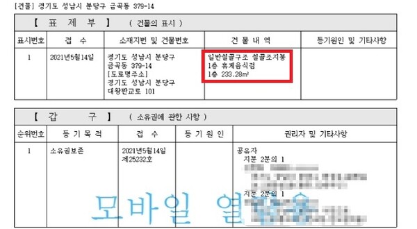 등기부등본상 김 경감과 J씨의 성남시 분당구 금곡동 379-14번지 건물은 '휴게음식점'으로 등록돼 있다. (사진=등기부등본)