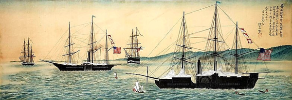 에도 앞바다에 출현한 미국의 흑선 기록화, 1853