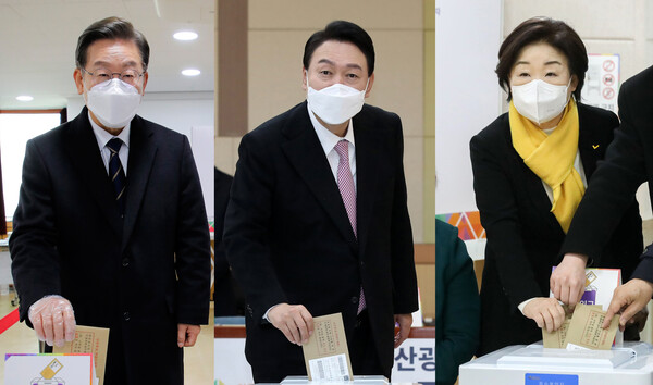 이재명(왼쪽) 더불어민주당 대선후보, 윤석열(가운데) 국민의힘 대선후보, 심상정(오른쪽) 정의당 대선후보가 제20대 대통령 선거 사전투표 첫날인 4일 오전 서울 중구 소공동 주민센터, 부산 남구청, 서울 종로구 혜화동 주민센터에 마련된 사전투표소에서 각각 투표하고 있다. (사진=뉴스1)