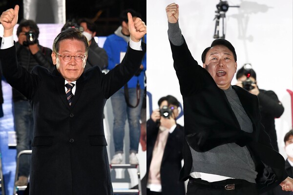 이재명 더불어민주당 대선후보(왼쪽부터), 윤석열 국민의힘 후보가 제20대 대통령 선거를 하루 앞둔 8일 저녁 각각 서울 청계광장, 서울광장 앞에서 마지막 유세를 펼치고 있다. (사진=뉴스1)