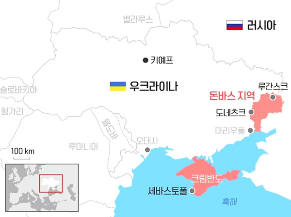 우크라이나 지도, 붉은 지역은 러시아 세력권