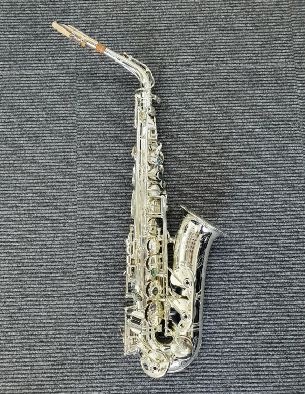 화이트 골드의 아름다운 알토 색소폰, 목관악기의 근거는 입 닿는 부위 나무 재질의 리드