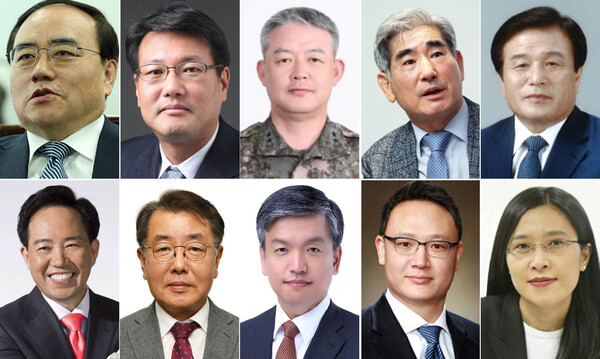 윗줄 왼쪽부터 김성한 국가안보실장, 김태효 국가안보실장 제1차장, 신인호 국가안보실 제2차장, 김용현 대통령실 경호처장, 이진복 정무수석 내정자, 아랫줄 왼쪽부터 강승규 시민사회수석, 최영범 홍보수석, 최상목 경제수석비서관, 안상훈 사회수석비서관, 강인선 대통령실 대변인 내정자. (사진=뉴스1)