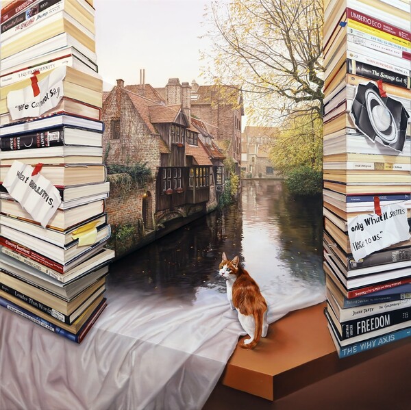 Brugge on the Table- We cannot say waht Reality is, only what it seems like to us_ Oil on constructed birch panel_90x90x7cm_2021