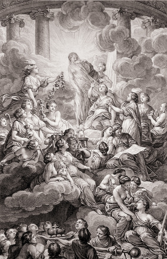 진리의 신전을 배경으로 한 '백과전서'의 1권 권두화. 뮤즈들은 각각의 학문을 상징함. 이성이 진리의 뮤즈 베일을 벗기고 있음. 동시에 진리의 빛이 뻗어나가고 있음.