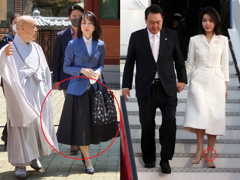 왼쪽 붉은색 원은 김건희 여사가 지난 5월 3일 충북 구인사를 방문했을 당시 착용한 치마다. 이 치마는 인터넷에서 5만원대에 판매하는 제품으로 알려져 관심을 모았다. 오른쪽 붉은색 원은 김 여사가 지난 6월 28일 윤석열 대통령 나토 순방 당시 착용한 발찌다. 이 발찌 역시 스타트업이 판매한 32만7,000원짜리 제품인 것으로 알려져 화제가 됐다. (사진=인터넷 커뮤니티, 뉴스1)
