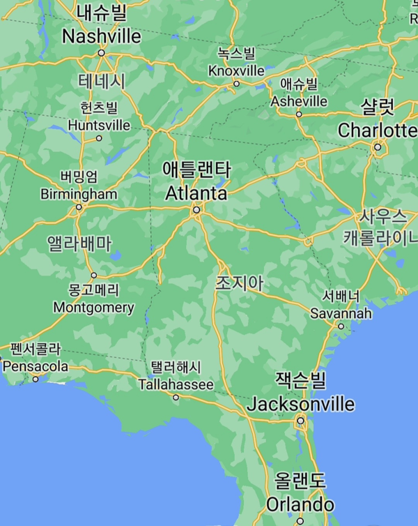 조지아주 애틀랜타 주변 남부 지도 (출처, 구글)