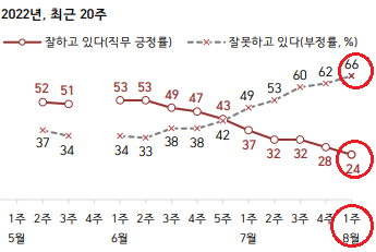 윤석열 대통령 취임 후 직무수행 평가 추이. (자료=한국갤럽)  