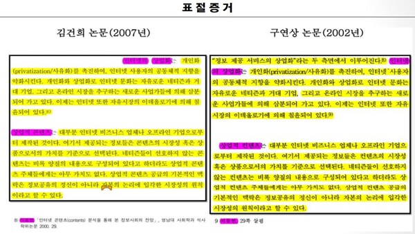 전국 14개 교수·학술단체가 6일 공개한 김건희 여사의 논문과 표절된 자료. (범학계 국민검증단 자료)