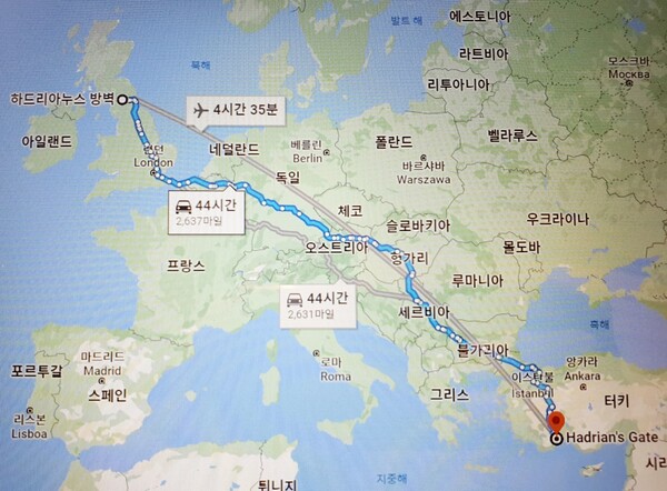 만리길이 넘는 하드리아누스 황제의 문과 벽 (출처, 구글맵)