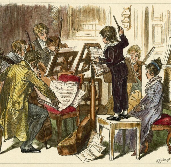 어린 멘델스존이 지휘봉을 잡은 멘델스존가의 크리스마스 음악회. 디 벨트 지 칼럼에 실린 삽화.