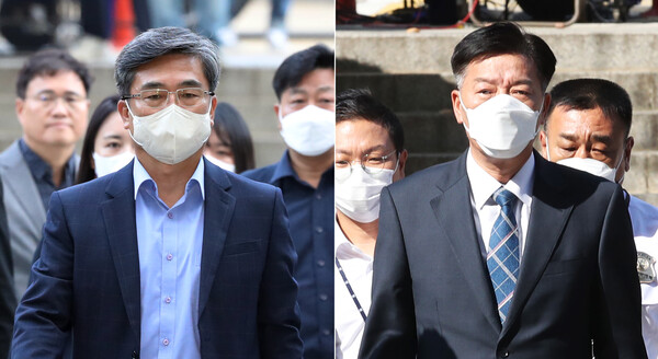 서욱 전 국방부 장관(왼쪽)과 김홍희 전 해양경찰청장이 21일 서울중앙지방법원에서 열린 서해 공무원 피격' 사건과 관련 구속 전 피의자 심문에 출석하기 위해 법정으로 들어가고 있다. (사진=뉴스1)