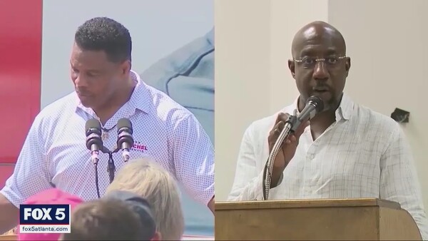 美 조지아주 상원의원 선거 공화당 후보 허셸 워커(왼쪽)와 민주당 후보 라파엘 워녹 의원. 사진=폭스5 애틀랜타 화면 캡처)