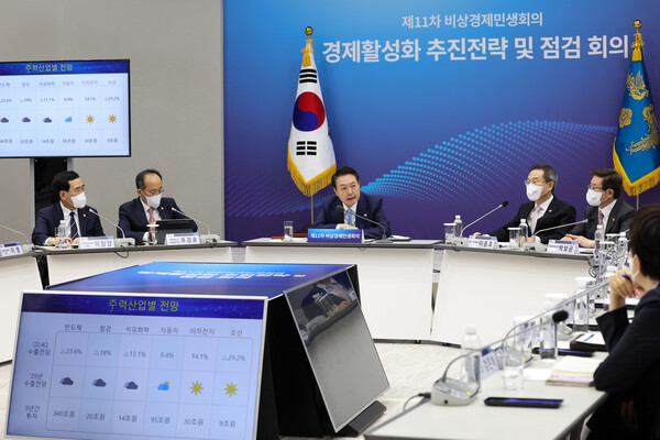 윤석열 대통령이 27일 용산 대통령실 청사에서 생중계로 진행된 제11차 비상경제민생회의를 주재하고 있다.