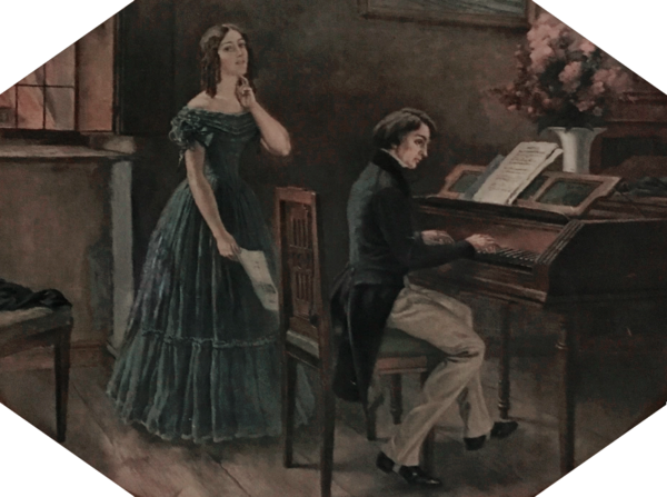 쇼팽의 반주에 노래하는 콘스탄치아 그와드코프스카를 그린 접시화.