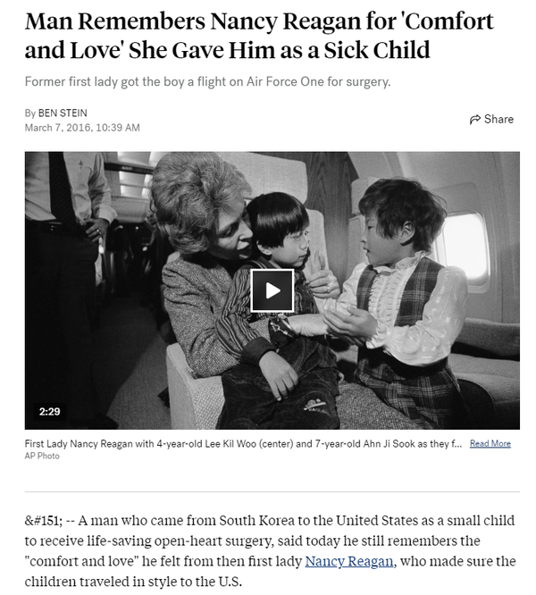 2016년 3월 7일 ABC뉴스가 낸시 레이건의 부고 기사를 다루면서 낸시가 심장병을 앓는 한국 어린이에게 도움을 줬다는 내용은 처음 알려졌다. (2016년 3월 7일 ABC뉴스기사 캡처)