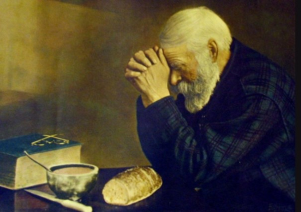 생명의 양식 앞에서의 감사 기도. 아버지가 찍은 사진을 딸이 유화로 그린 '은혜(The Grace)', 로다 나이버그 (1917~2012)