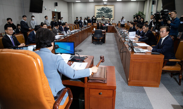 남인순 국회 정치개혁특별위원장이 지난 22일 정치개혁특위 전체회의에서 현행 국회의원 300석 유지를 전제로 하는 선거제도 개편 결의안을 의결하고 있다. (사진=뉴스1)