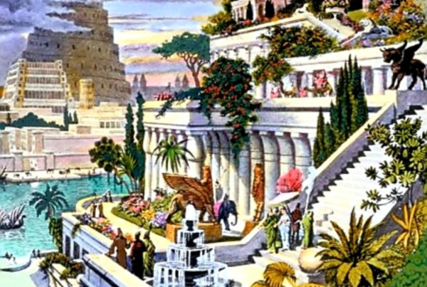 고대 문명 강국 바빌론의 화려한 공중 정원과 바벨탑 상상 이미지