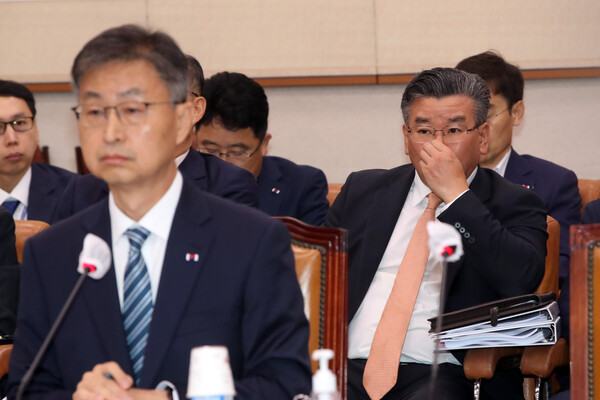 29일 서울 여의도 국회에서 열린 법제사법위원회 감사원 현안질의에 출석한 최재해 감사원장(왼쪽)과 유병호 사무총장. (사진=뉴스1)