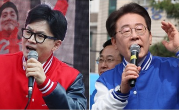 국민의힘 한동훈 비상대책위원장 겸 총괄 선거대책위원장(왼쪽)과 더불어민주당 이재명 대표가 유세하고 있다. (사진=연합뉴스)