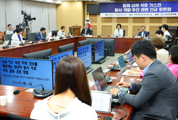 추미애 더불어민주당 의원이 14일 오전 국회 의원회관에서 열린 동해 심해 석유·가스전 탐사 개발 추진 관련 긴급 토론회에서 발언하고 있다. (사진=연합뉴스)