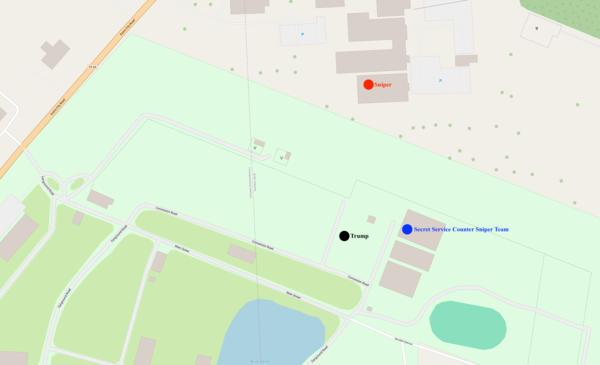 사건 발생 장소에서 트럼프와 범인의 위치.(위키피디아)