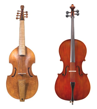 고악기 비올라 다 감바(왼쪽)와 현대악기 첼로(오른쪽).