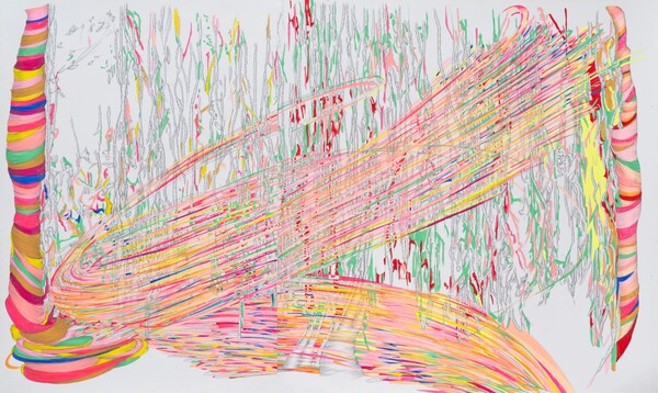  빛비(Lightfall), 73x124cm, acrylic pencil on paper, 2024