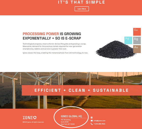 이그니오 홈페이지. 글로벌 헤드쿼터 주소(흰색 원표시) 가 뉴욕 '브로드웨이 140'으로 나와 있다. 