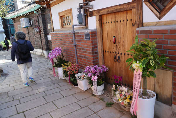 13일 노벨문학상 수상자 한강의 서울 자택 앞에 축하화분이 놓여 있다. (사진=연합뉴스)