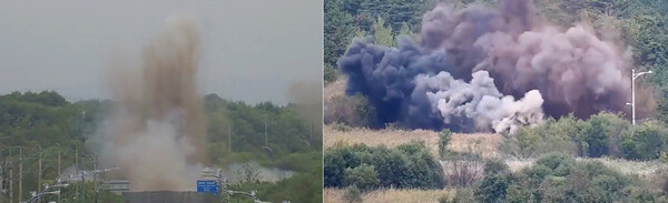 우리 군 CCTV에 잡힌 경의선(왼쪽), 동해선 남북 연결도로 폭파 장면. (사진=연합뉴스)