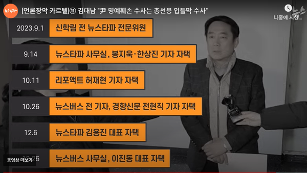 검찰이 '대선 개입 여론조작'이라며 비판 언론 기자들과 언론사를 압수수색한 일지가 나온 뉴스타파의   보도 화면. (사진=뉴스타파 유튜브  캡처)