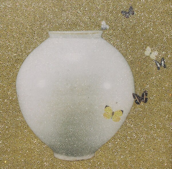 Before and After, 130x130cm, Acrylic, Mother of Pearl, crystal on Canvas, 2022