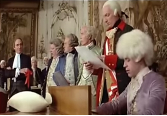 모차르트가 입궁하여 황제와 궁정 음악가들 앞에서 연주하는 모습. (출처, '아마데우스', 1985)