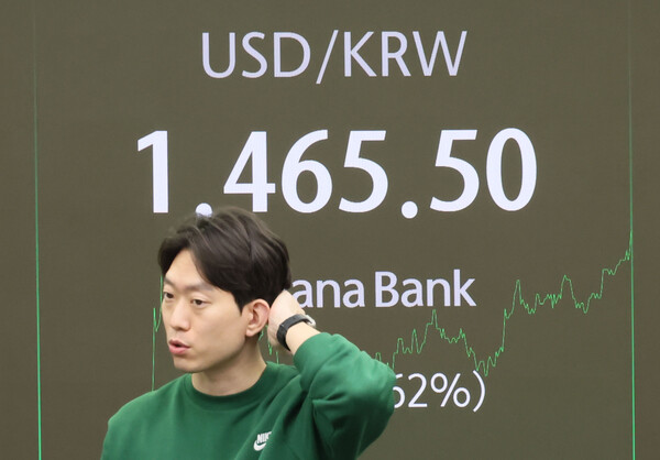 원∙달러 환율이 장중 1,460원대를 돌파한 26일 서울 중구 하나은행 본점 딜링룸 현황판에 환율 등 지수들이 표시되고 있다. (사진=연합뉴스)