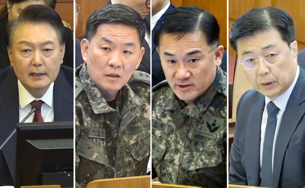 지난 4일 헌법재판소에서 열린 대통령 윤석열 탄핵심판 5차 변론기일에 참석한 윤석열과 증인들. 왼쪽부터 윤석열, 이진우 전 수도방위사령관, 여인형 전 국군방첩사령관, 홍장원 전 국정원 1차장.  (사진=연합뉴스)