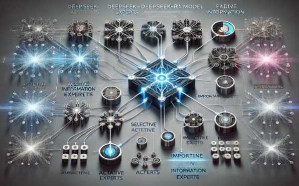 딥시크-R1 모델을 개념화한 챗gpt 생성 이미지. 활성화된 전문가(Expert)는 강조되고, 비활성화된 부분은 흐려지며, 정보의 중요도에 따라 선택적으로 처리되는 개념을 표현. 