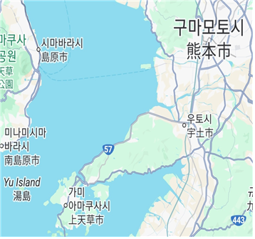고니시 유키나가의 영지인 구마모토와 가토 기요마사의 영지인 우토. 시마바라의 난이 일어난 시마바라와 아마쿠사도 보임. (출처, 구글맵)