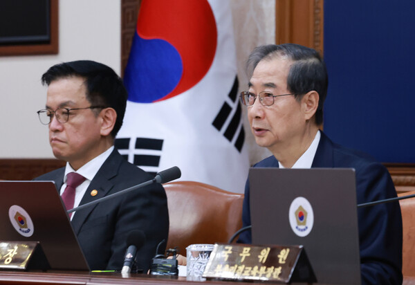 한덕수 대통령 권한대행 국무총리가 8일 정부서울청사에서 열린 국무회의에서 발언하고 있다. 왼쪽은 최상목 기획재정부장관. (사진=연합뉴스)