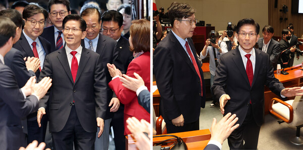 들어올 때와 나갈 때. 김문수 국민의힘 대선 후보가 9일 국회에서 열린 의원총회에 기립박수를 받으며 참석하고 있다(왼쪽 사진). 이후 권영세 비상대책위원장과 '후보 단일화' 문제를 두고 충돌한 뒤 도중에 퇴장하고 있다. (사진=연합뉴스)