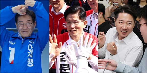 14일 이재명 더불어민주당 후보( 왼쪽부터)가 부산 진구 서면에서, 김문수 국민의힘 후보가 경남 진주시 진주 광미사거리에서, 이준석 개혁신당 대선 후보가 부산 금정구 부산대학교에서 선거운동을 하고 있다. (사진=연합뉴스)
