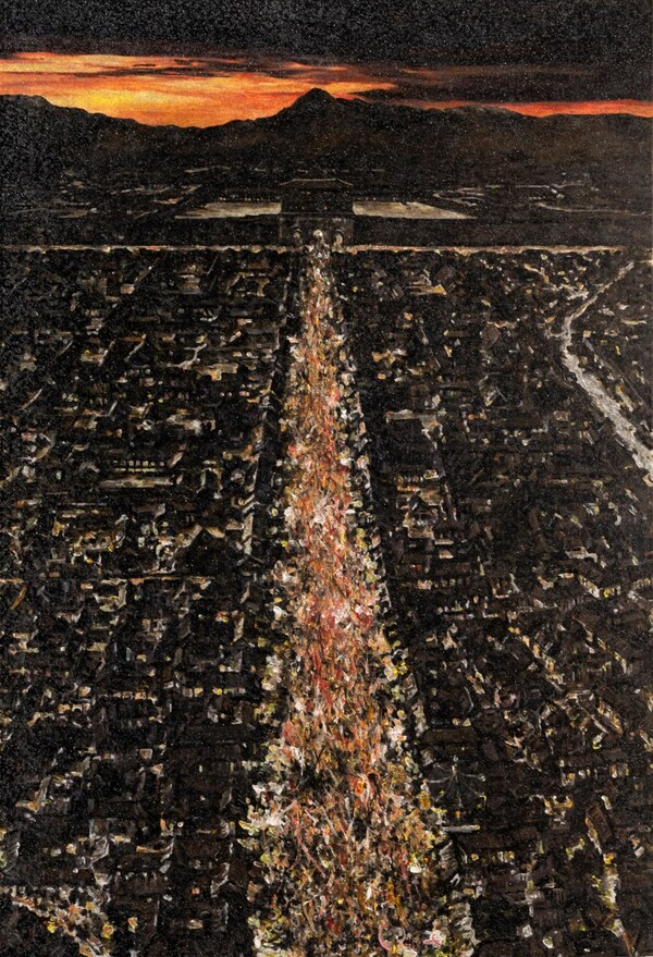 촛불행렬 180 x140㎝, 수묵.아크릴릭 과슈.크리스털 비즈.천에 캔버스 2017