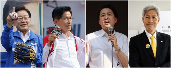 제21대 대선 사전투표 첫날인 29일 이재명 더불어민주당 대선후보(왼쪽부터)가 서울 송파구 잠실종합운동장 광장에서, 김문수 국민의힘 대선후보가 경기 안산시 안산문화광장에서, 이준석 개혁신당 대선후보가 서울 성북구 안암역 인근에서, 권영국 민주노동당 후보가 전남 여수시 주암마을회관 사전투표소에서 각각 지지를 호소하고 있다. (사진=연합뉴스)