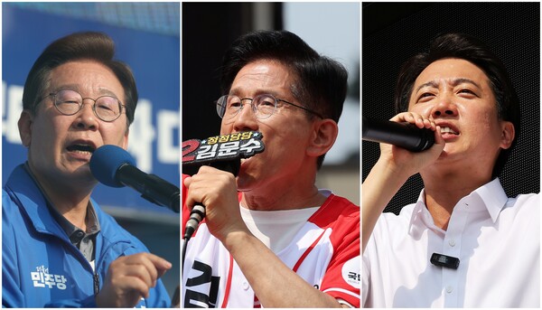 제21대 대통령 선거를 이틀 앞둔 1일 이재명 더불어민주당 대선 후보(사진 왼쪽부터)가 울산광역시 일산해수욕장 앞에서, 김문수 국민의힘 대선 후보가 경기도 수원컨벤션센터 광장에서, 이준석 개혁신당 대선 후보가 경기 화성시 동탄호수공원에서 지지를 호소하고 있다. (사진=연합뉴스)