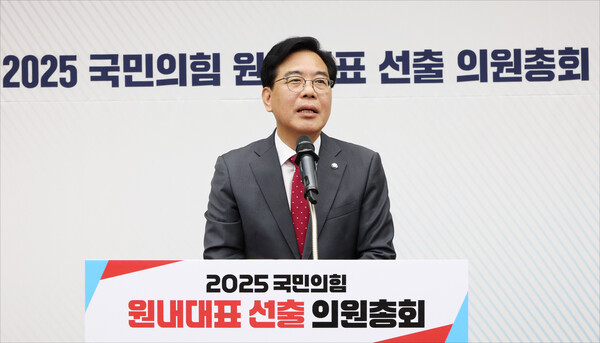 국민의힘 신임 원내대표로 당선된 송언석 의원이 16일 국회 회의장에서 소감을 밝히고 있다. (사진=연합뉴스)