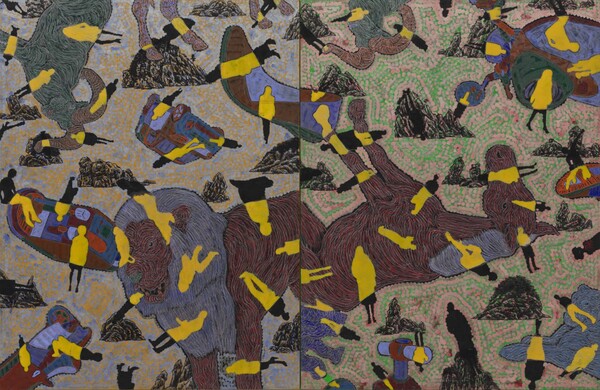 이종융합동물+유토피아 145 x112cm x2개 한지에 수묵채색 및 아크릴 2019